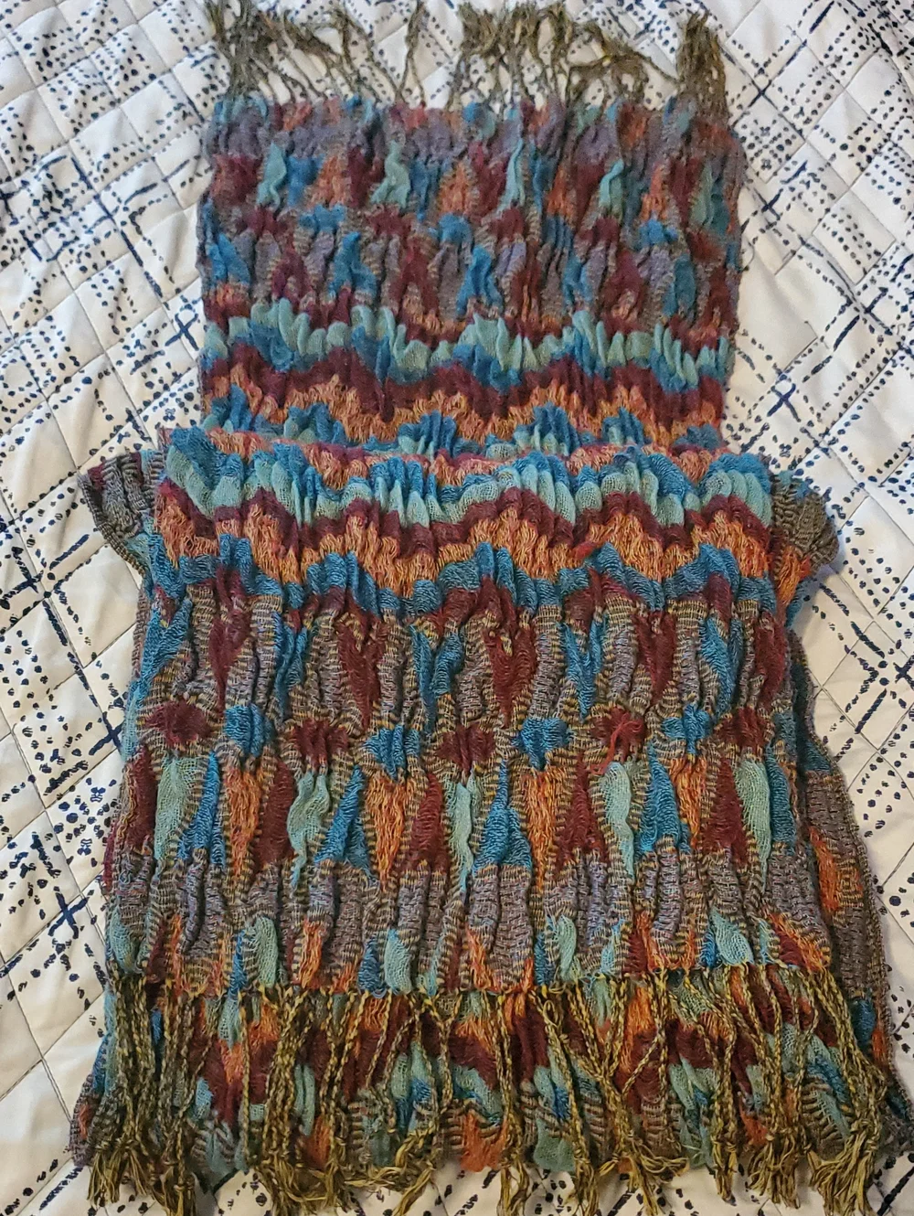 Vintage Italian Multicolor Rainbow Ripple Knit Fringe Scarf